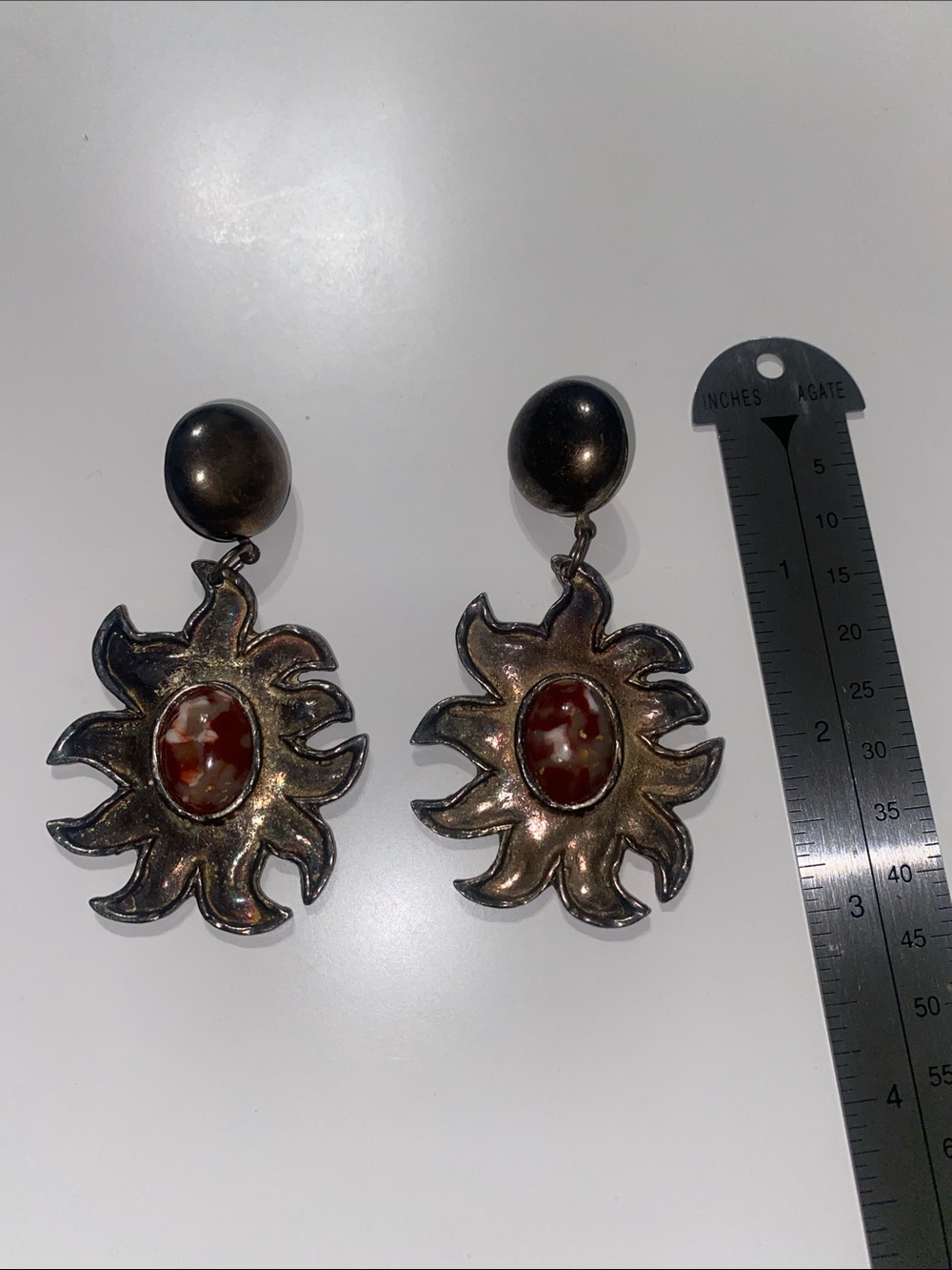 Sunburst Drop Earrings with Red Agate Center and Antique Finish - Picture 3 of 3